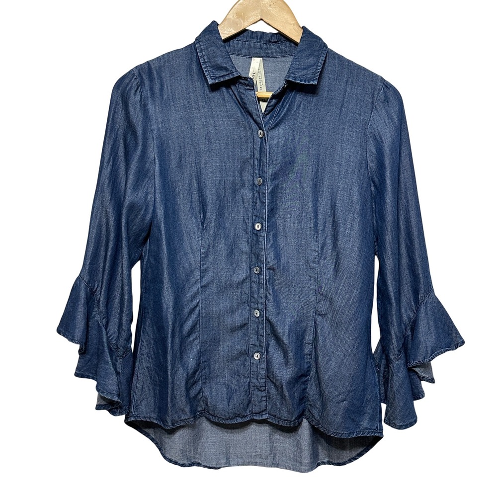 Liverpool Chambray Ruffle Sleeve Blouse Women XS Lyocell Button Up‎ Lightweight